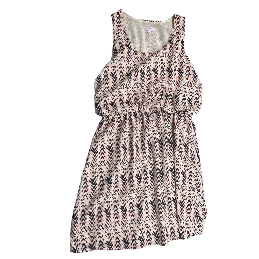 Pixley Dress Womens Large Peach Navy Abstract Print Sleeveless Blouson Fit Flare